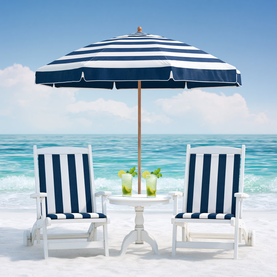 Two white wooden beach chairs with navy and white striped cushions under a matching striped umbrella, with a small round white table holding two glasses of iced lime drinks, set on a sandy beach with ocean waves and blue sky in the background.