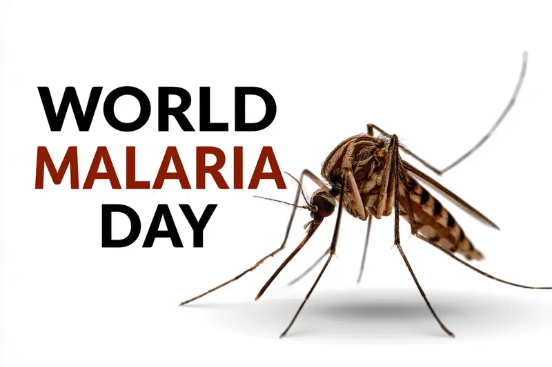 Close up view of a mosquito with World Malaria Day text on white background