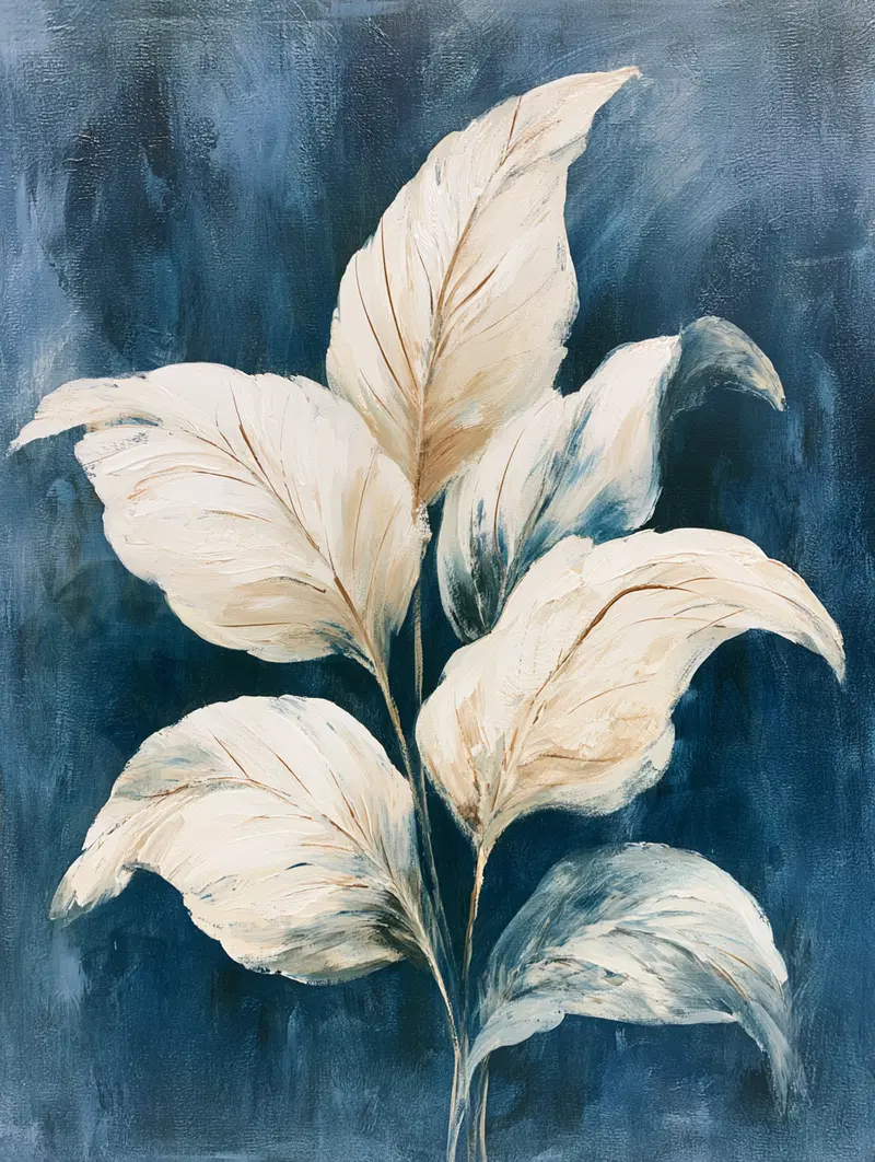 Elegant botanical painting featuring cream leaves on blue background