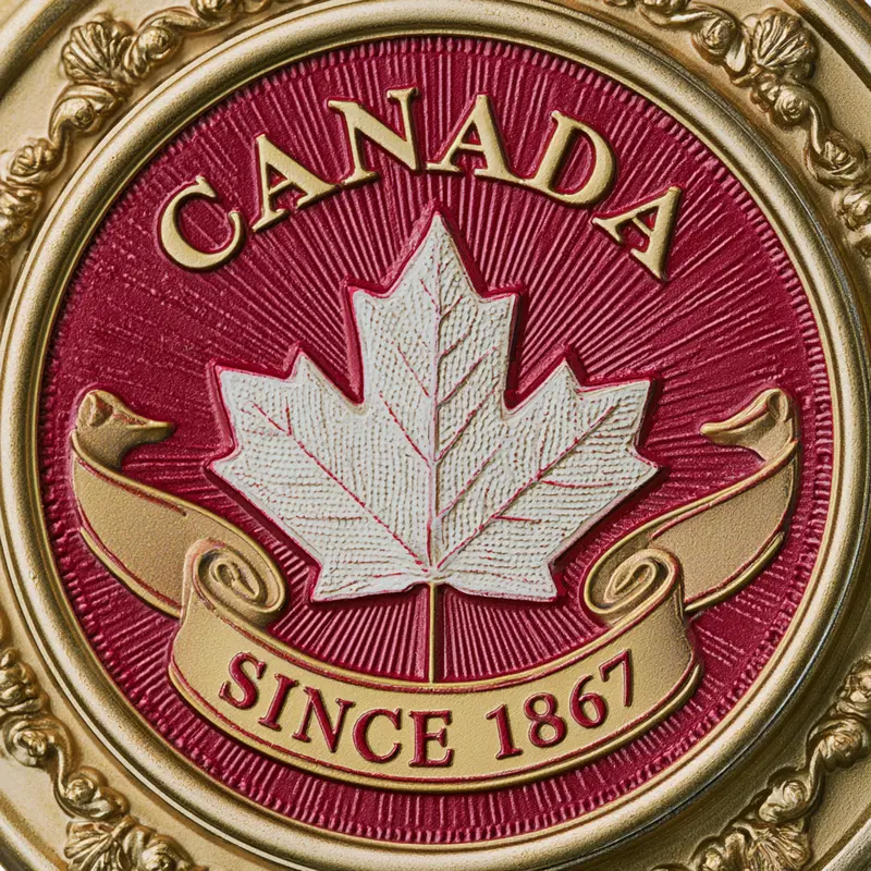 Decorative emblem featuring a maple leaf and Canada inscription since 1867
