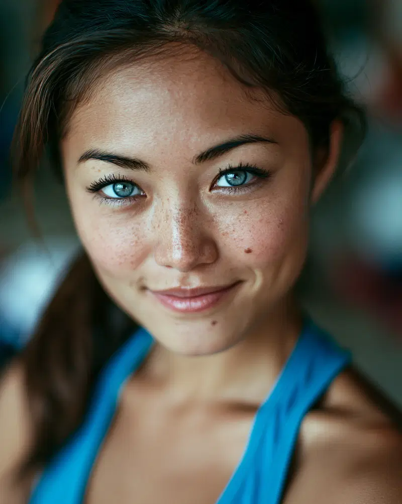Close-up portrait of a young woman with striking blue eyes and freckles
