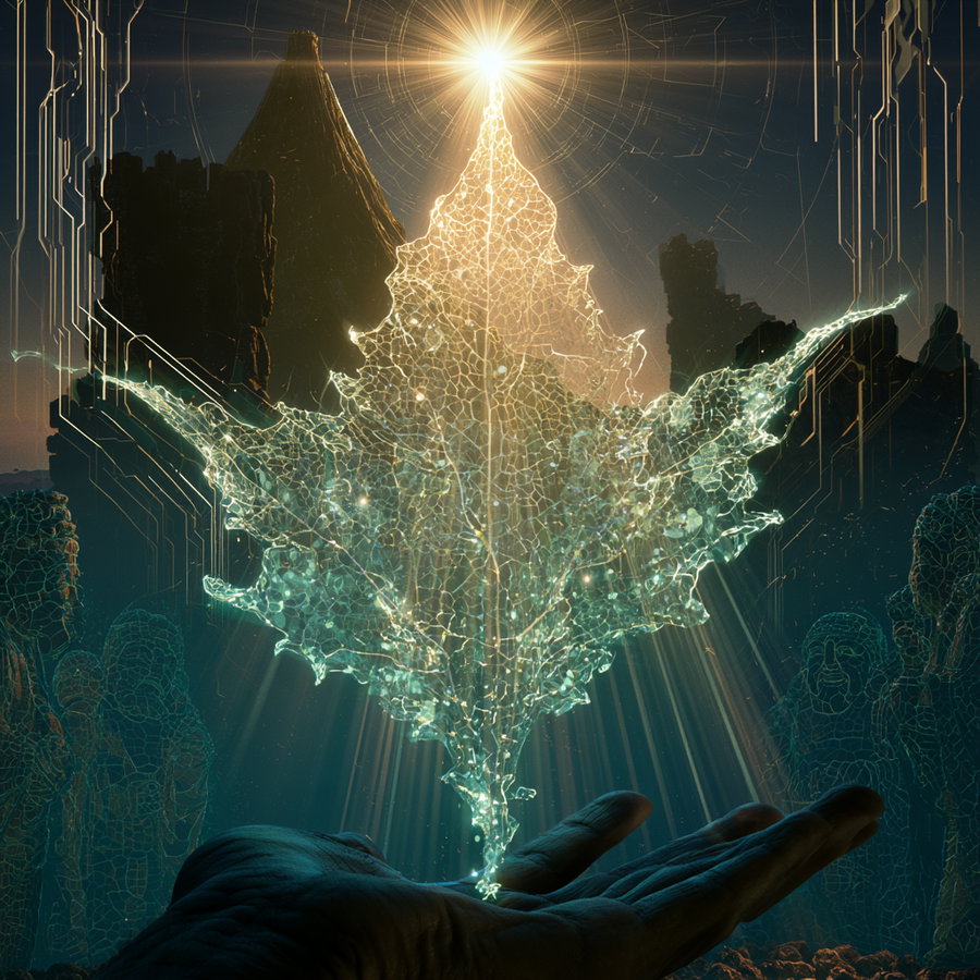 A glowing translucent leaf hovering above an outstretched human hand with a mystical landscape background featuring rock formations and ethereal figures outlined with light