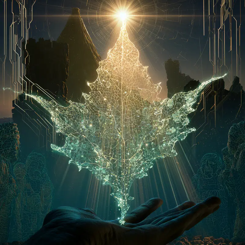 Surreal concept art of glowing translucent leaf above an outstretched hand in mystical landscape