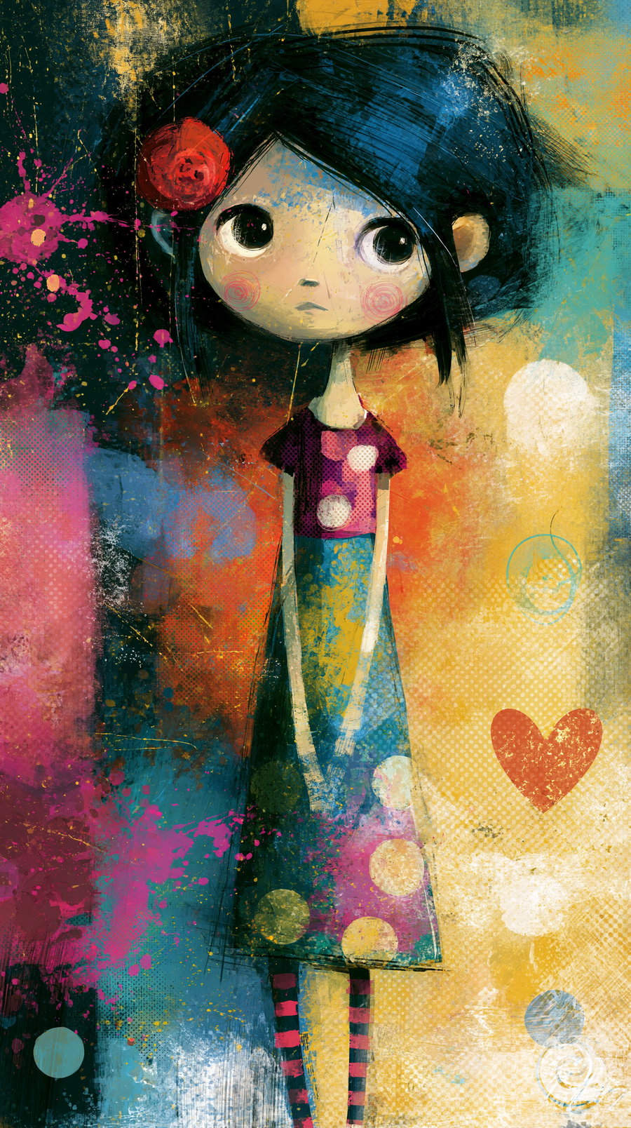 digital artwork of a girl with large eyes, dark hair, red rose in her hair, wearing a polka dot dress and striped tights against a vibrant textured background with splashes of color and a red heart