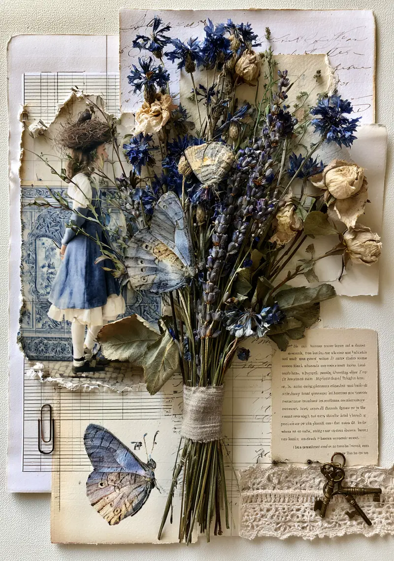 Mixed botanical illustration collage featuring dried flowers and butterflies