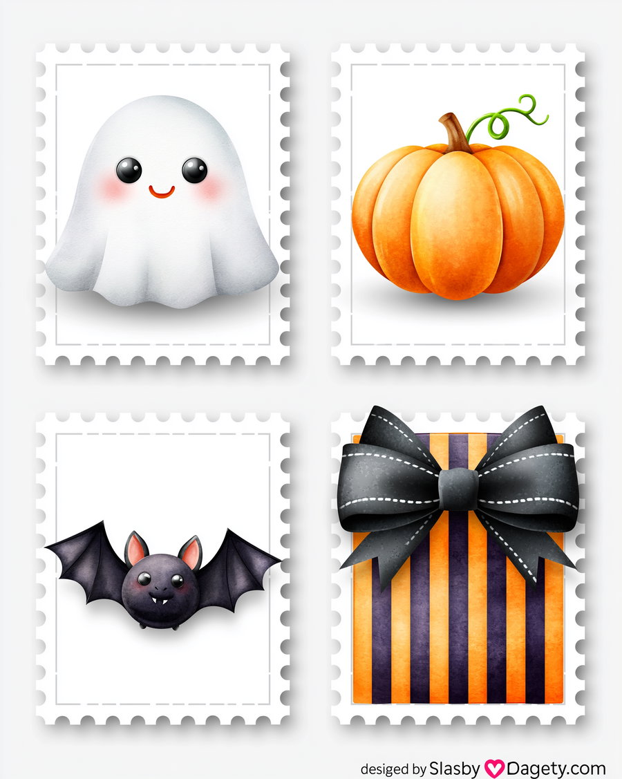 Four illustrated stamps featuring a smiling ghost, an orange pumpkin, a cute black bat, and a striped gift box with a black bow