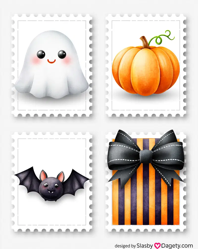 Cute Halloween themed stamp designs with ghost, pumpkin, bat, and gift box