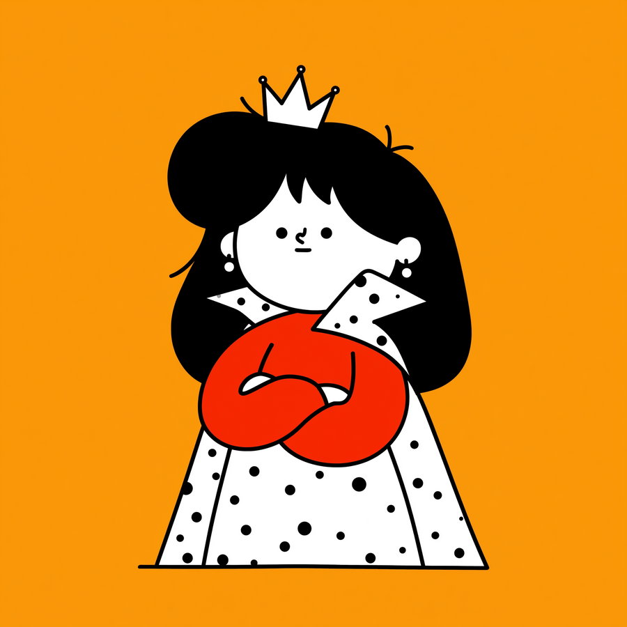 A cartoon character of a queen with black hair, wearing a white crown, red sleeves, and a white cape with black spots, set against an orange background.