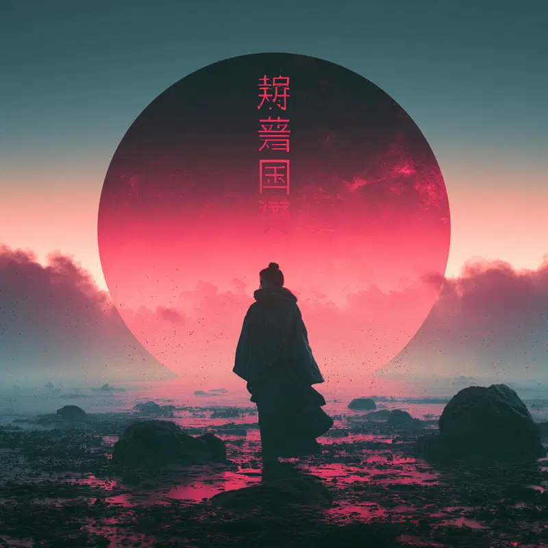 Surreal digital art of a lone figure before a glowing red celestial orb