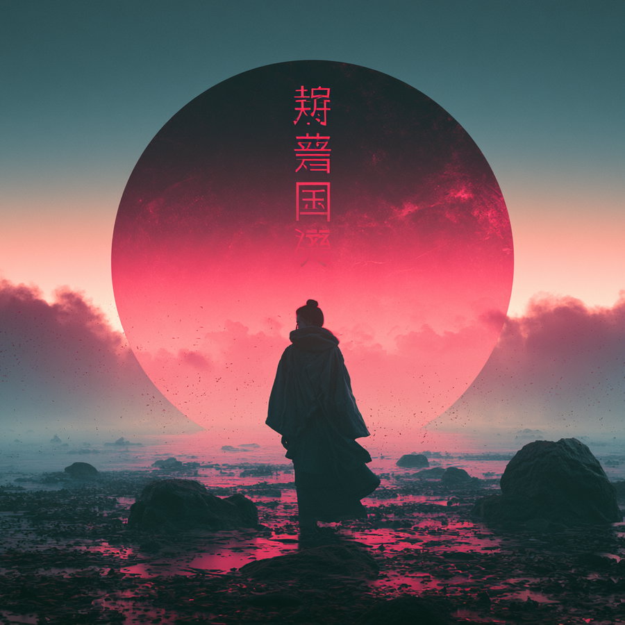 A person in a cloak standing on rocky ground with a large glowing red orb and mist in the background