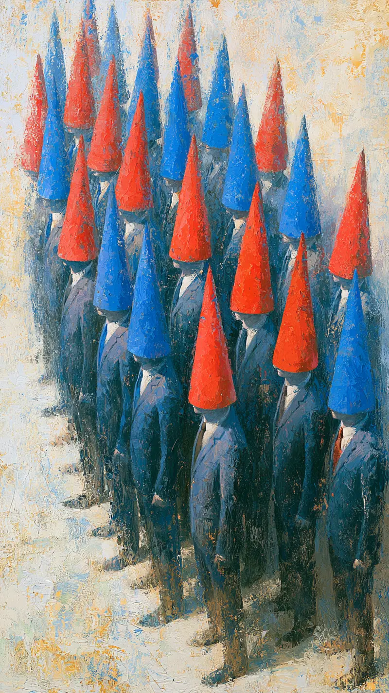 Abstract painting of figures with tall blue and red conical hats