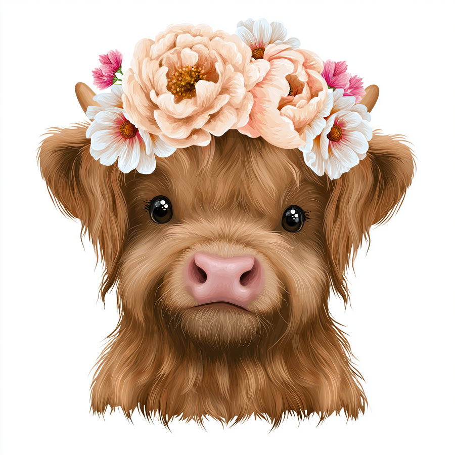 Digital illustration of a brown highland cow's face with large eyes, pink nose, and a flower crown made of large cream and pink flowers on its head, set against a white background