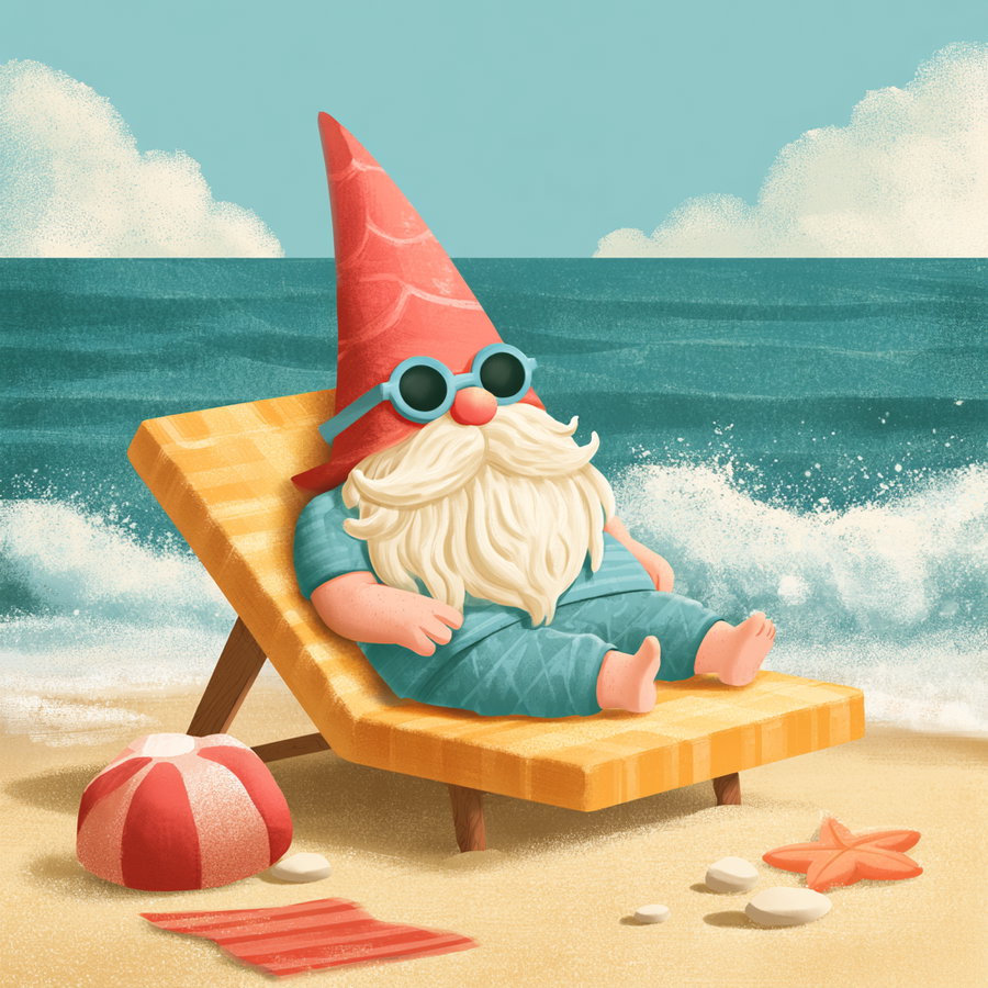 Illustration of a gnome with a long white beard, wearing sunglasses and a red pointy hat, lying on a yellow beach lounge chair by the sea, with waves, sand, beach ball, starfish, and stones visible