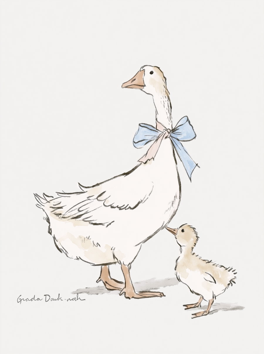 A soft and charming drawing of a white mother goose wearing a blue bow around her neck, standing next to a small gosling looking up at her, both depicted with delicate lines and muted colors on a white background.