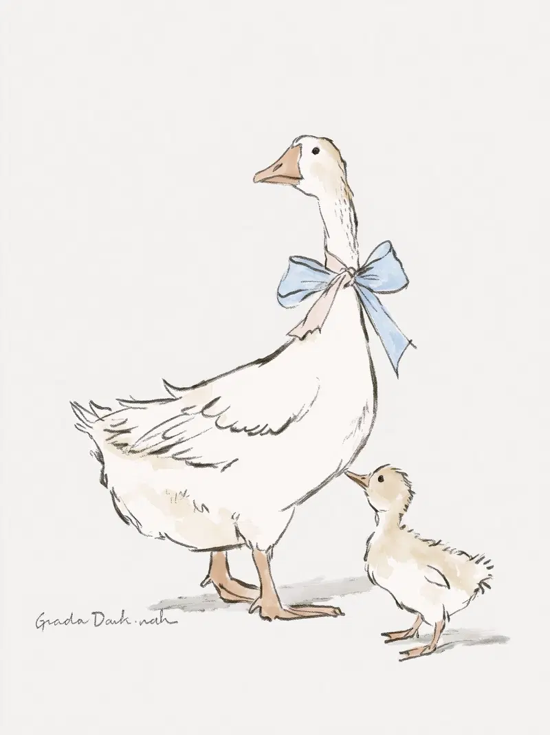Gentle illustration of a mother goose with a blue ribbon and her gosling