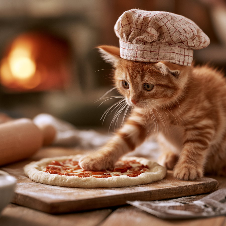 A small ginger kitten wearing a checkered chef hat is pressing its paw on an uncooked pizza dough with tomato sauce on a wooden board in a cozy kitchen setting.