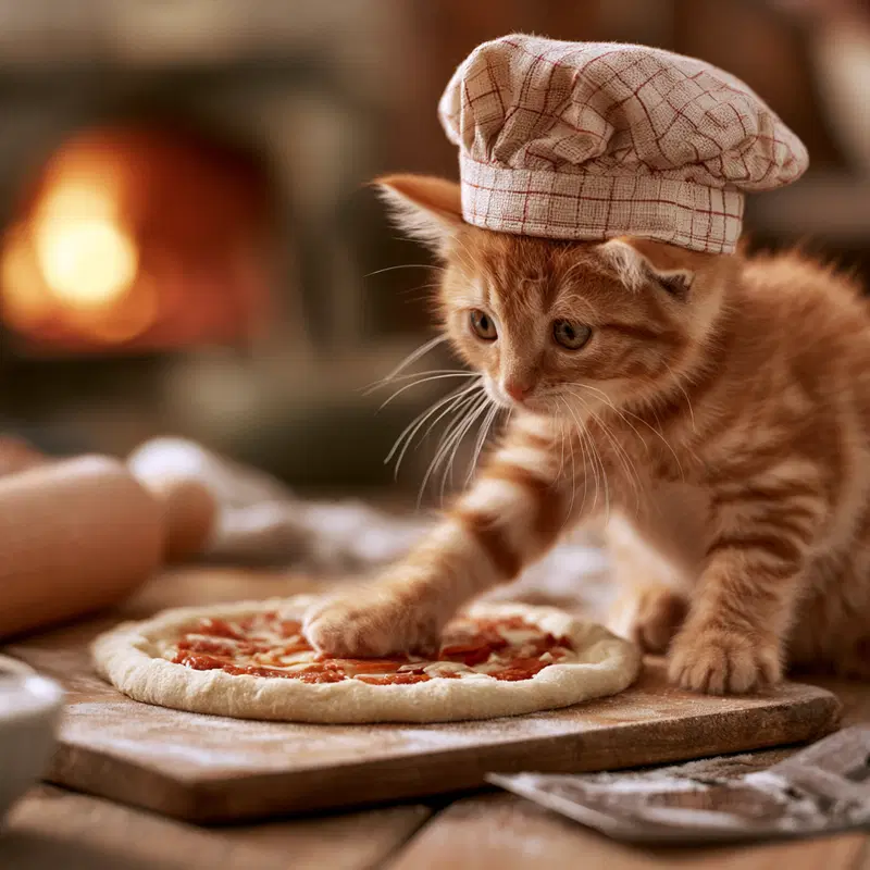 Adorable ginger kitten in a chef hat making pizza in kitchen