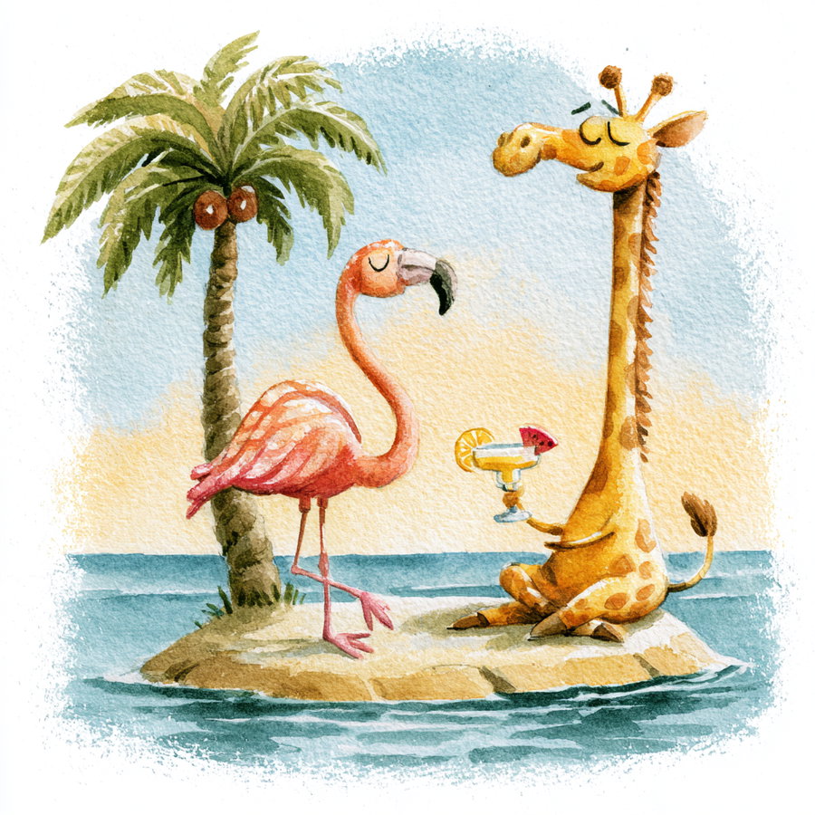 A watercolor illustration showing a giraffe sitting with its eyes closed holding a cocktail glass, and a flamingo standing nearby on a small island with a palm tree surrounded by water.