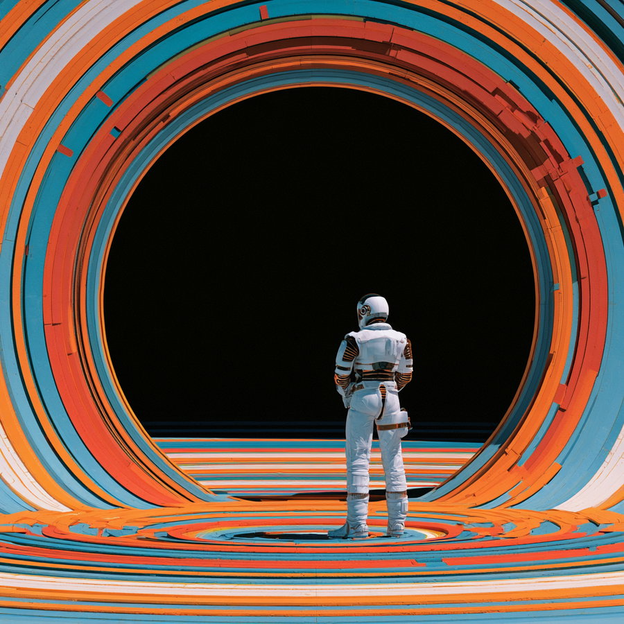 A person in a white astronaut suit stands in the center of a large circular tunnel made of layered stripes in orange, blue, and white colors, facing a completely black void