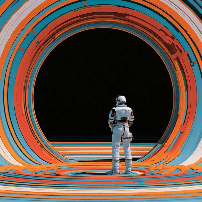 Concept art of a futuristic astronaut standing in a colorful circular tunnel