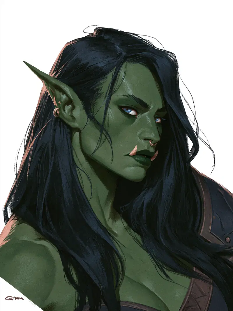 Detailed digital portrait of a green-skinned fantasy orc character