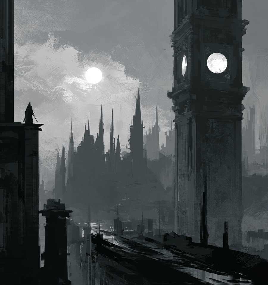 Digital black-and-white concept art depicting a mysterious cityscape with tall spires, a large clock tower, and a hooded figure standing on a ledge under a bright full moon.
