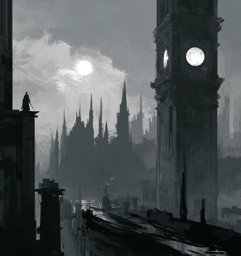 Moody Concept Art of a Mysterious Cityscape with Tower and Hooded Figure