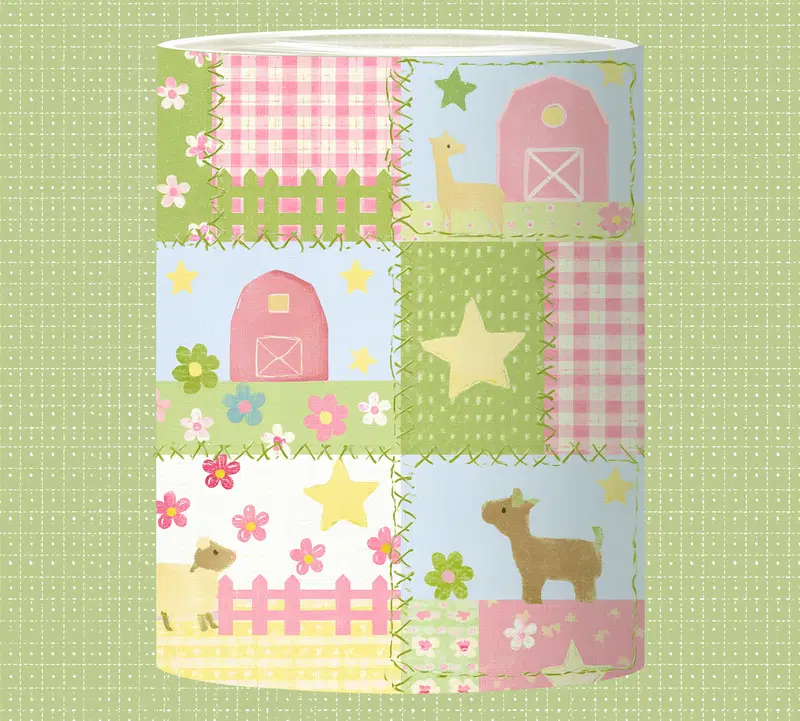 Decorative farm-themed patchwork pattern with animals and stars for kids
