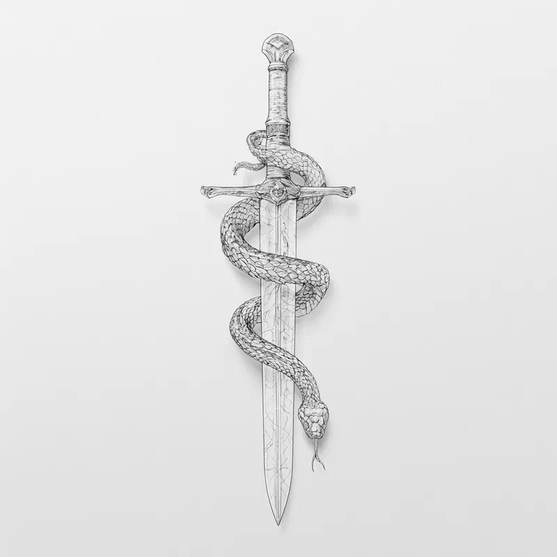 Detailed ink drawing of a sword wrapped by a coiled snake