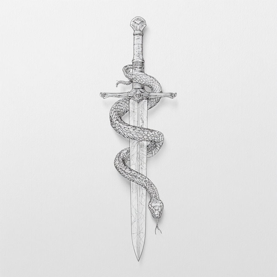 Black and white ink illustration of a sword with a snake coiled around the blade against a plain white background