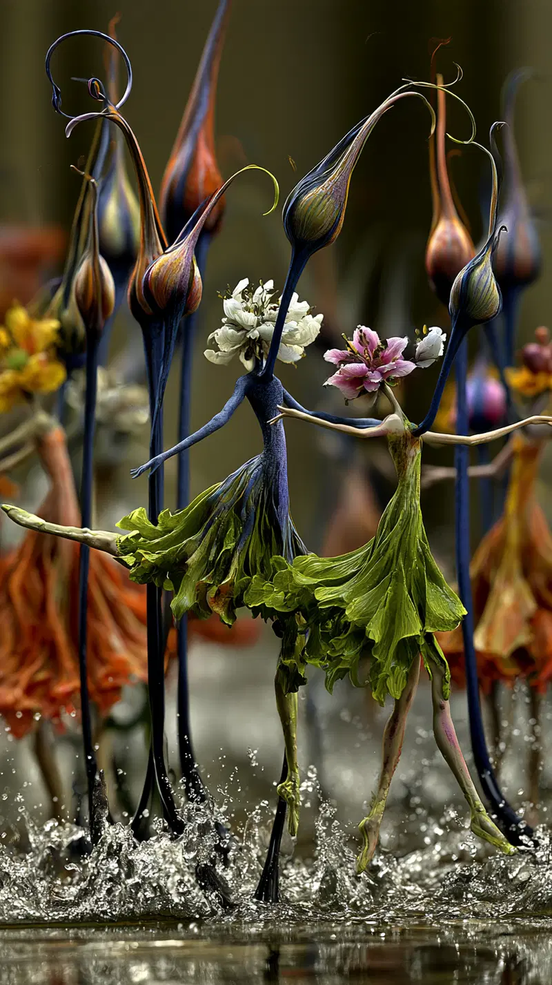 Surreal slender figures resembling flower dancers splashing through water in a fantasy setting