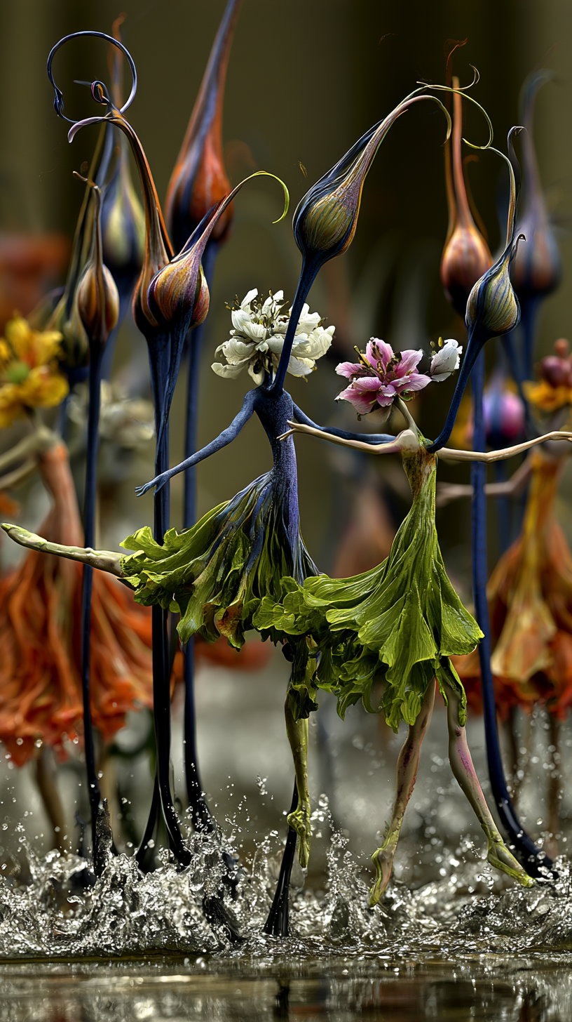 Tall, slender humanoid figures with flower-like heads and flowing leaf skirts dancing and splashing in shallow water against a blurred dark background