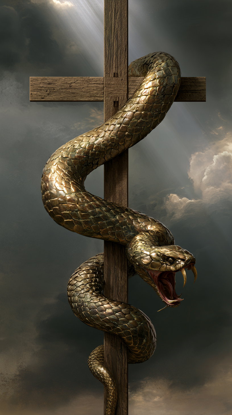 A large golden snake with detailed scales is coiled tightly around a wooden cross against a cloudy sky background with rays of light shining down