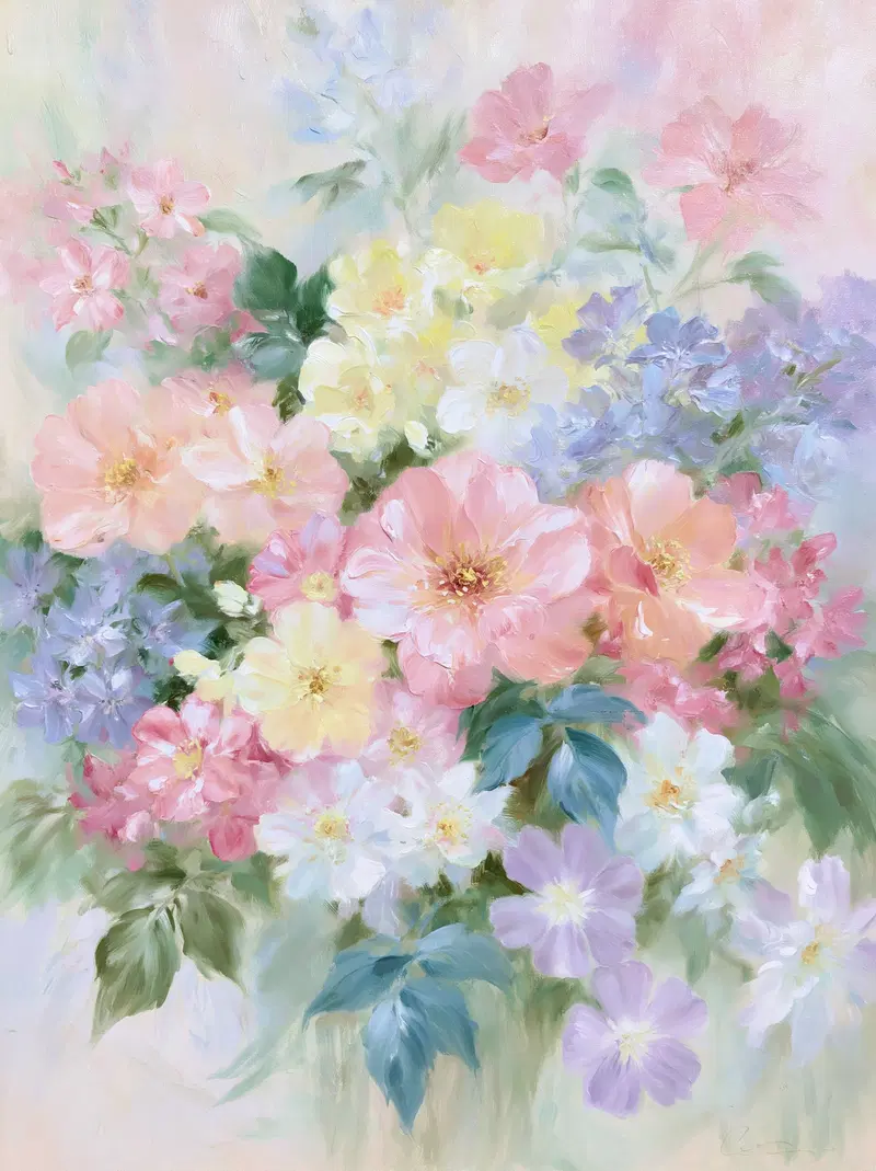 Soft and delicate botanical illustration of various blooming flowers