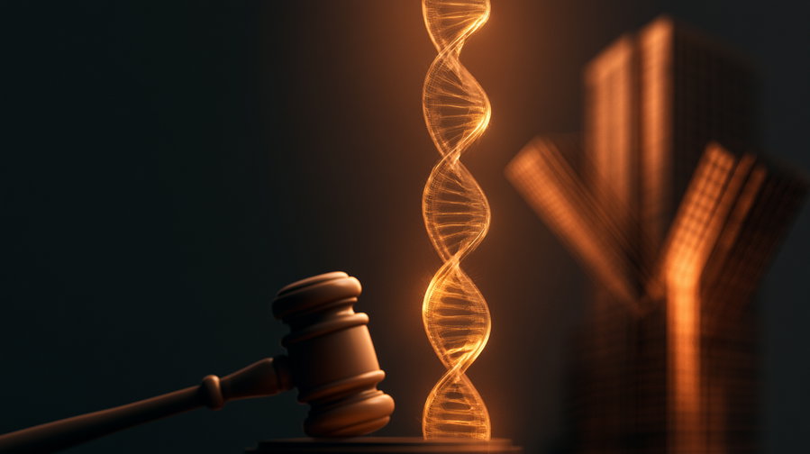 a glowing orange DNA double helix floating vertically beside a wooden judge's gavel with a dark background
