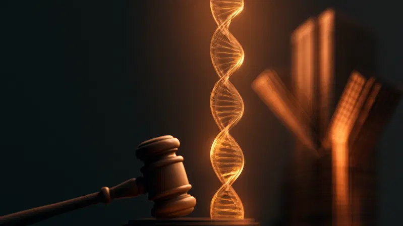 Concept art depicting a glowing DNA helix next to a wooden judge's gavel