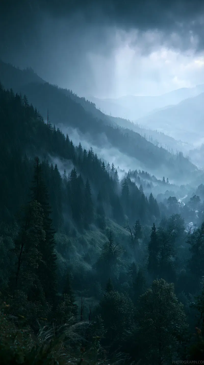 Moody landscape with mist and rain over forested mountain slopes