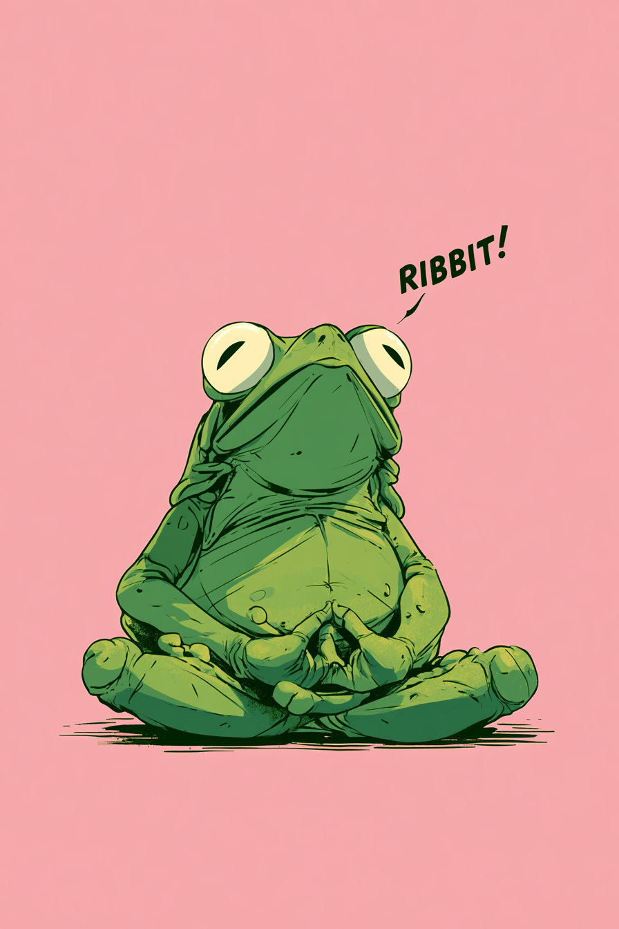 A green cartoon frog sitting cross-legged in a meditative pose on a solid pink background, with speech text saying RIBBIT
