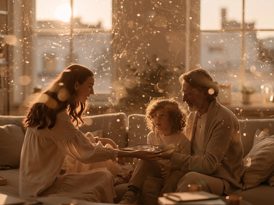 A warm, golden-hued photo of a woman, an older man, and a child sitting on a sofa, sharing a tablet together with sparkling light effects floating around
