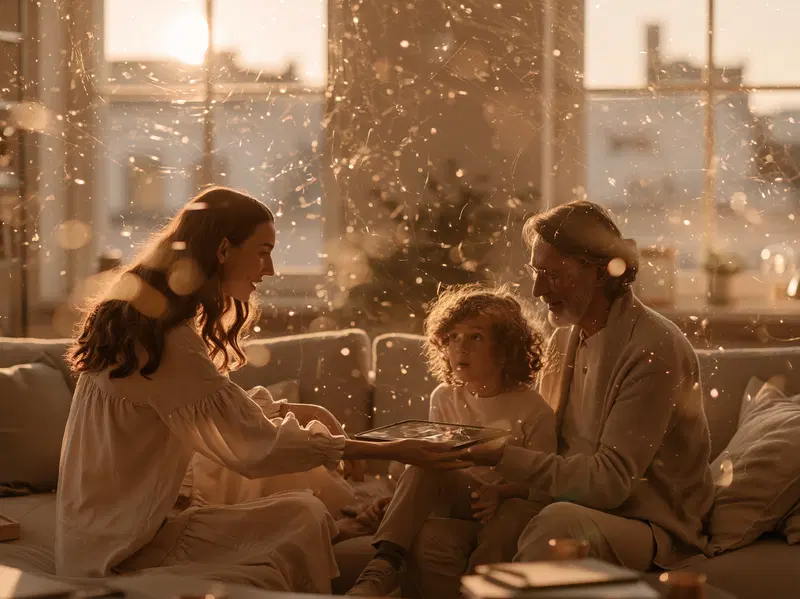 Warm golden hour family moment sharing joy on a cozy sofa