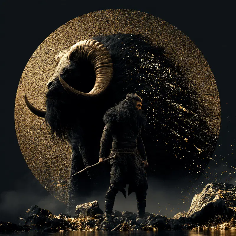 Epic fantasy warrior standing before a majestic ram with golden accents