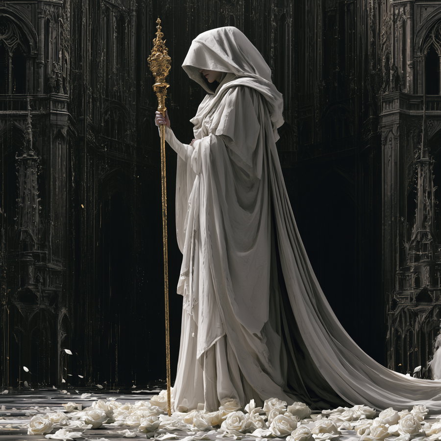 A solemn figure draped in flowing white fabric with a hood obscuring their face, holding a tall ornate golden staff, standing on a floor covered with white roses in a dark gothic architectural environment.