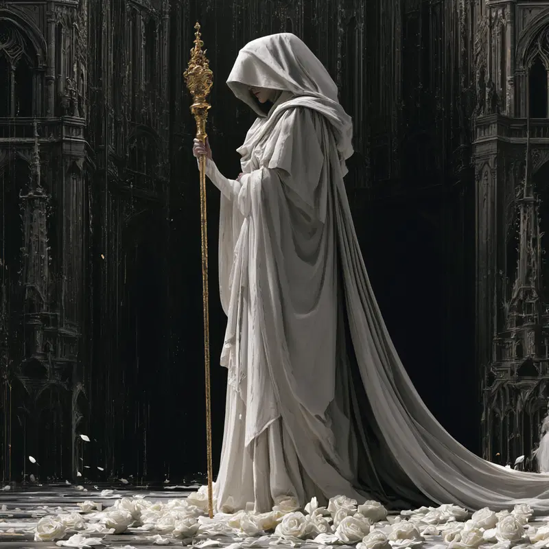Mysterious hooded figure holding ornate staff amidst white roses