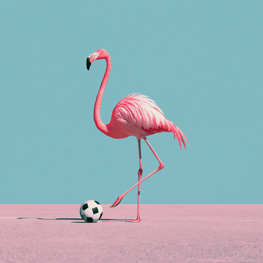 A pink flamingo on one leg on a pink ground with a soccer ball nearby and a plain blue background