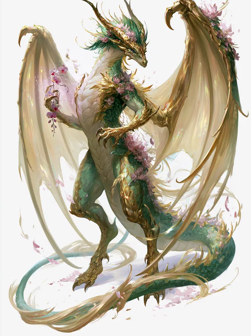 Elegant fantasy dragon character adorned with golden accents and pink flowers
