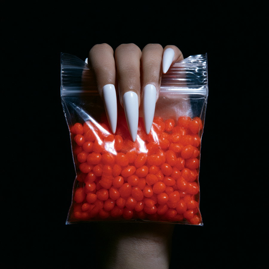 A close-up photo of a hand with long, white, pointed nails gripping a clear plastic zip bag filled with small red jelly beans, set against a black background