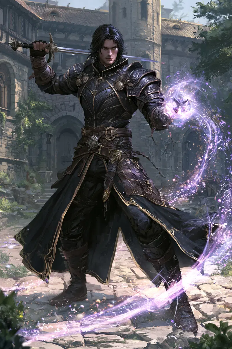 Dark armored fantasy warrior casting magical spells in ancient courtyard