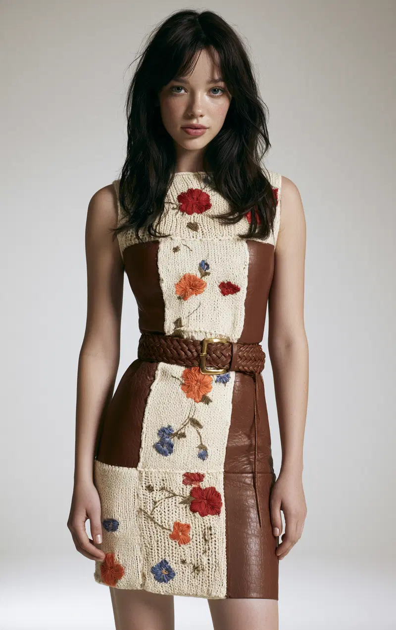 Fashion model wearing a knitted floral and leather patchwork dress with belt