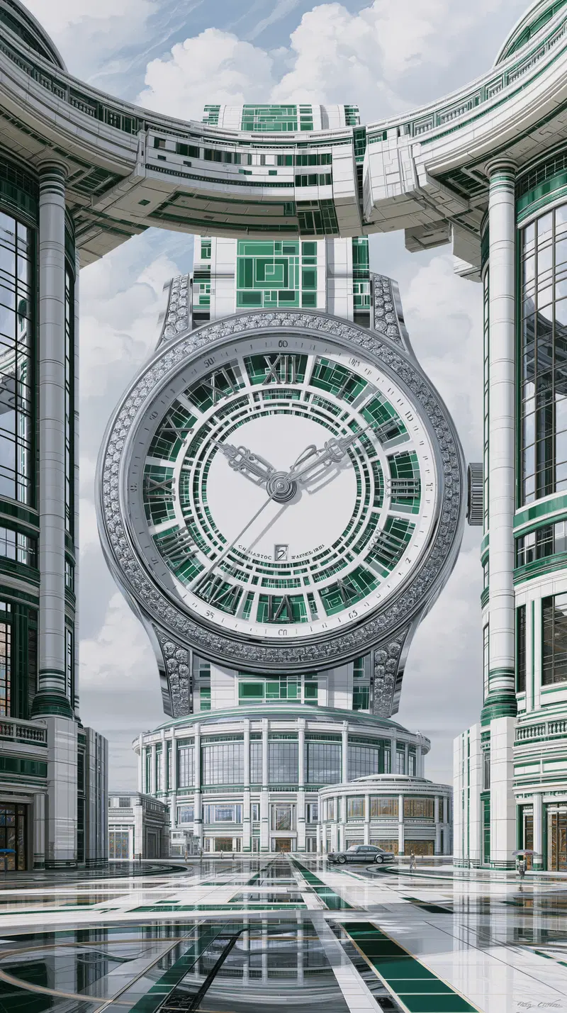Futuristic architectural scene featuring a giant wristwatch design integrated into the buildings