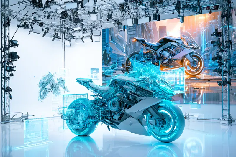 Futuristic concept art of a transparent motorcycle in a high-tech studio setup